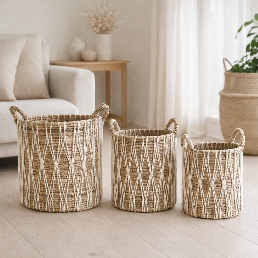 Panier à linge Boho | Panier de plantes | Panier de rangement MANDURO en fibre de bananier (3 tailles) en situation