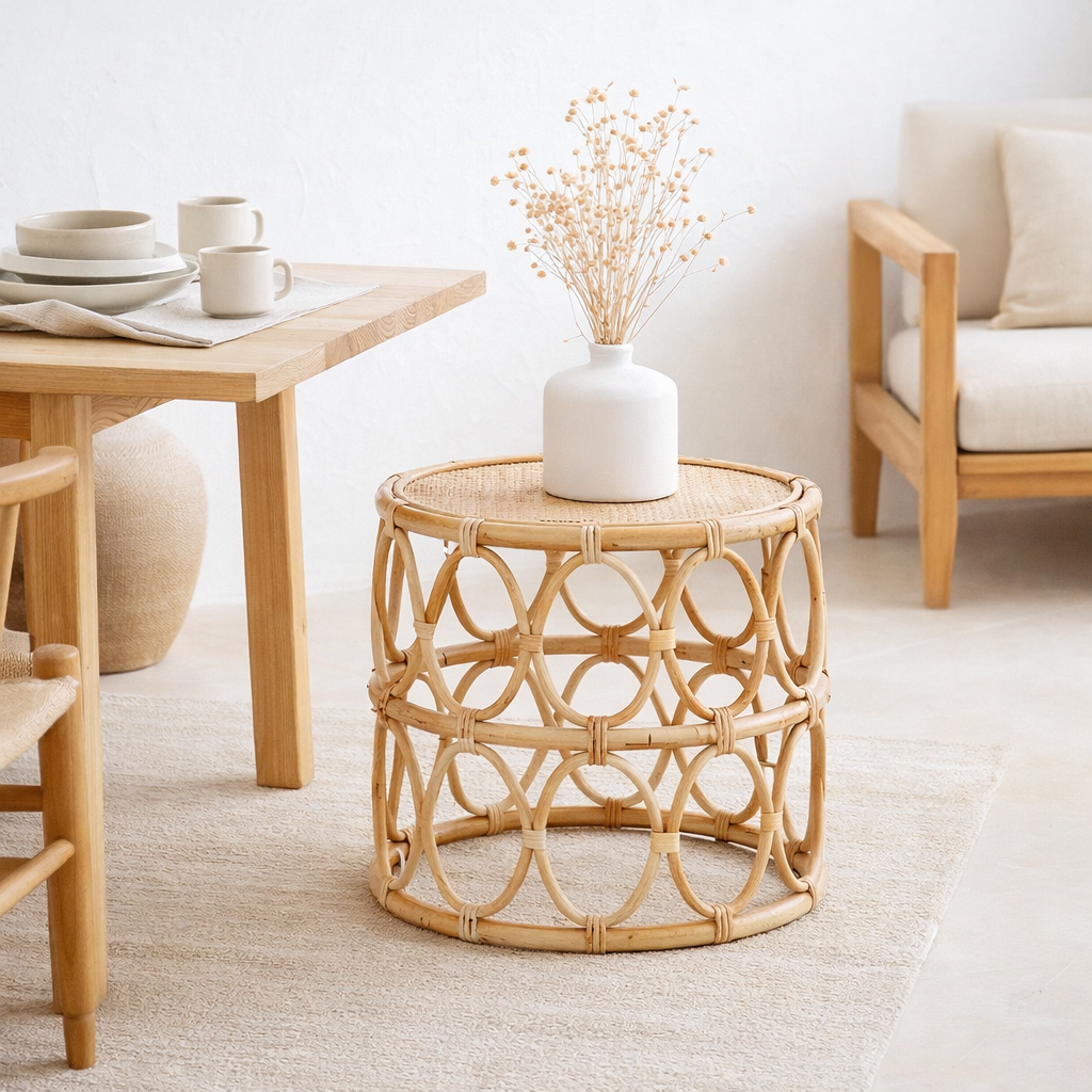 Table d'appoint ronde en rotin – Petite table basse bohème – Table de chevet en rotin beige – Table faite à la main en rotin naturel (Ø 45 cm) MUARA en situation
