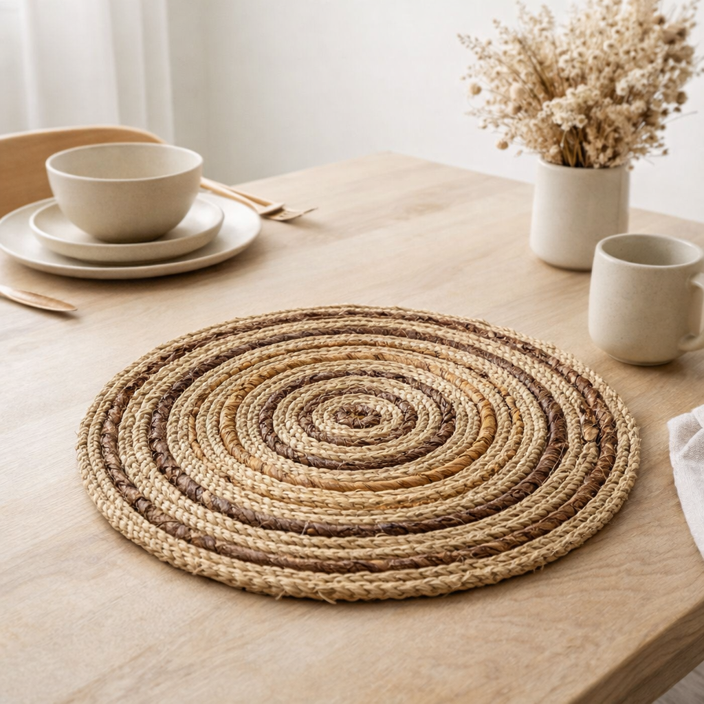 Set de table (Ensemble de 4 ou 6) MATARAM | Set de table rond Boho en fibre de bananier et jonc de mer 38 cm en situation