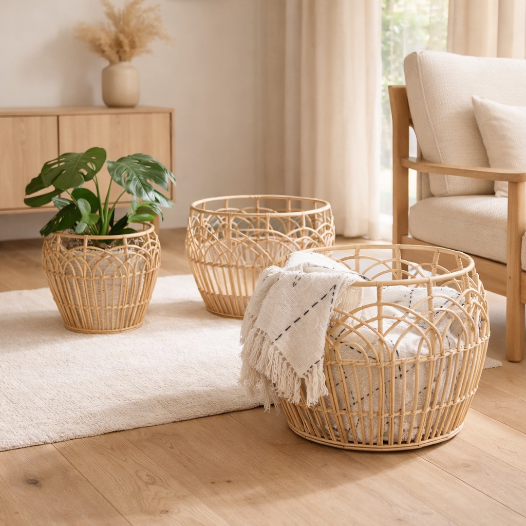 Panier à plantes | Panier à linge | Panier de Rangement RAHINA en Rotin (3 tailles) en situation
