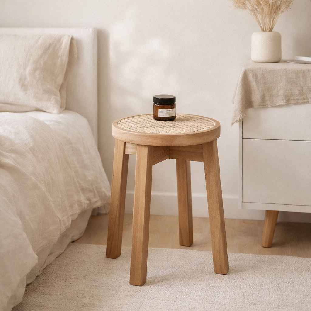 Tabouret en bois CARAMIN en Trembesi avec une surface d'assise en rotin tressé en situation