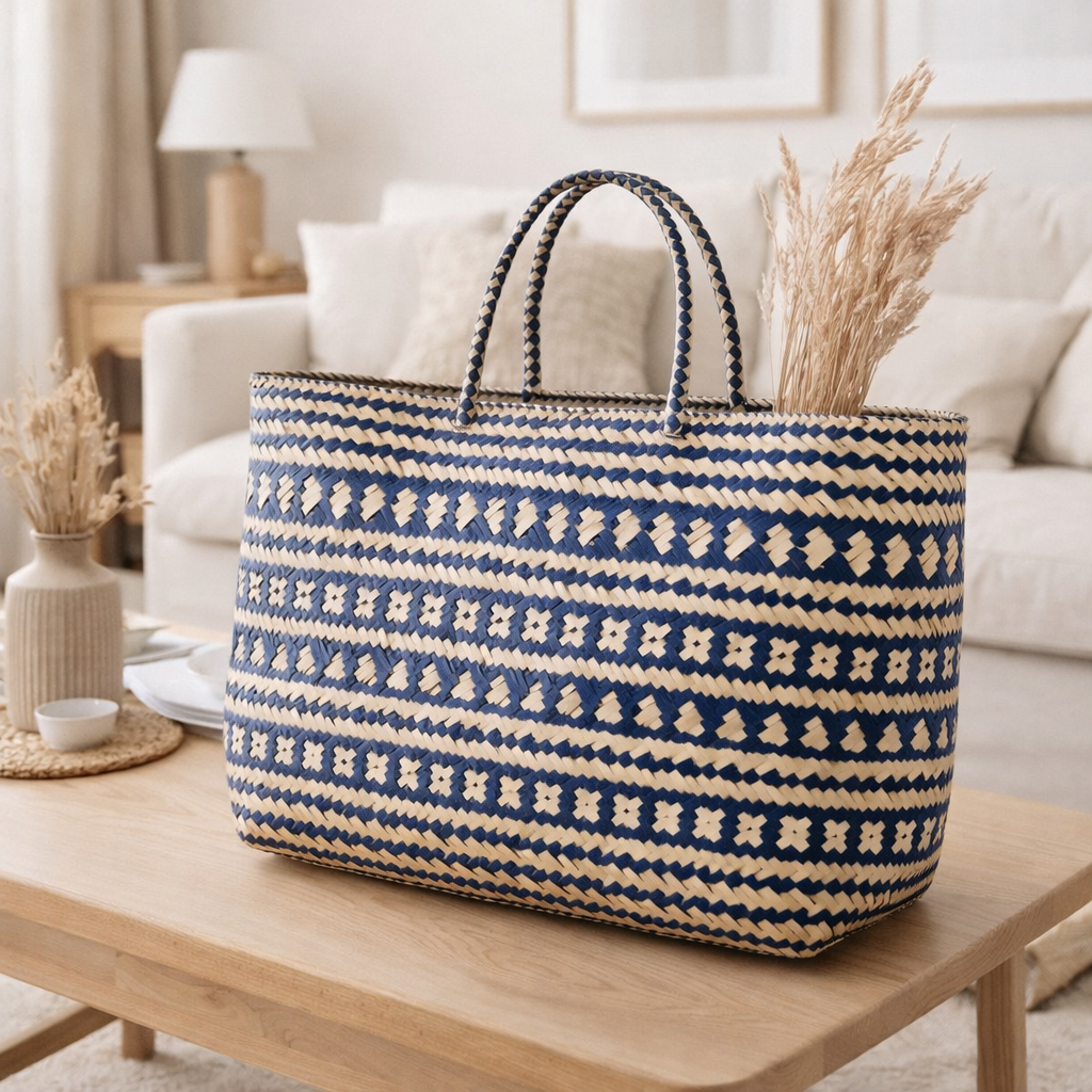 Sac à provisions bleu | Sac de plage | Tote Bag KIDUL en rotin en situation