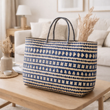 Sac à provisions bleu | Sac de plage | Tote Bag KIDUL en rotin en situation