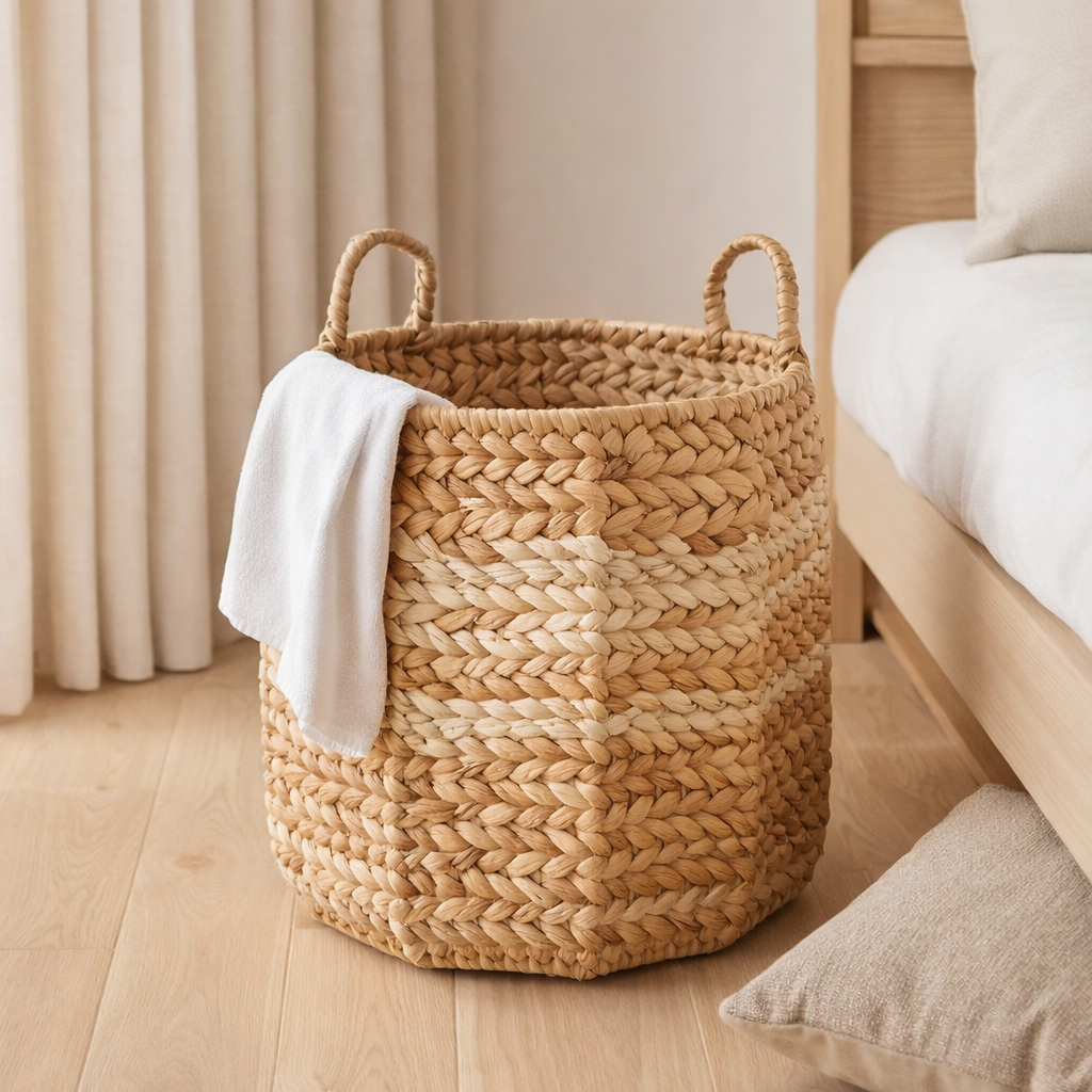 Grand panier à linge panier de rangement panier décoratif panier rond panier WAYAG en jacinthe d'eau tissée avec motif zigzag beige et marron en situation