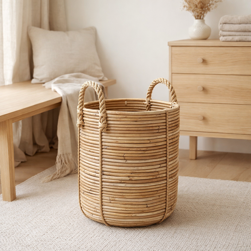 Panier à linge rond en rotin – Panier à plantes en rotin – Grand panier bohème – Panier décoratif fait à la main en rotin (2 tailles Ø 35/40 cm) OTERE en situation
