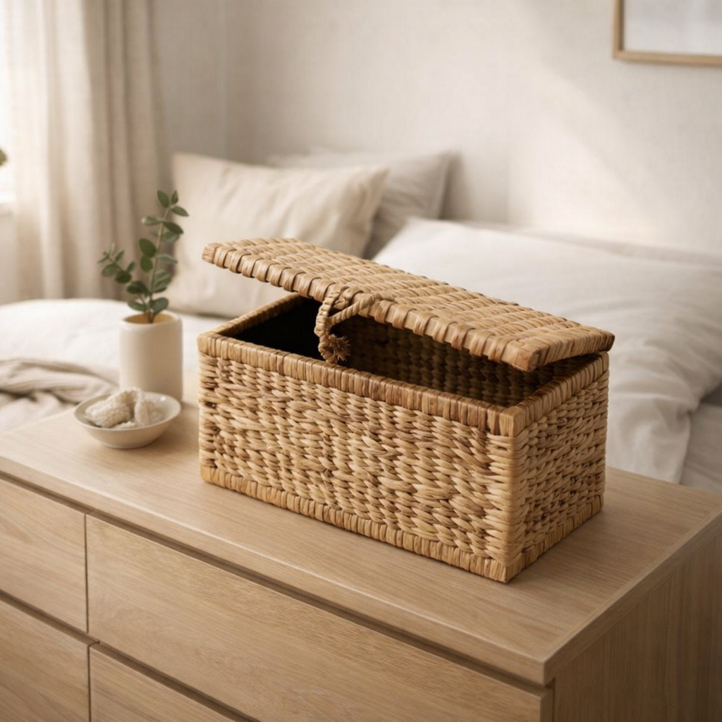 Panier de coffre | Panier à Linge avec Couvercle KELANA en Jacinthe d'Eau (2 tailles) en situation