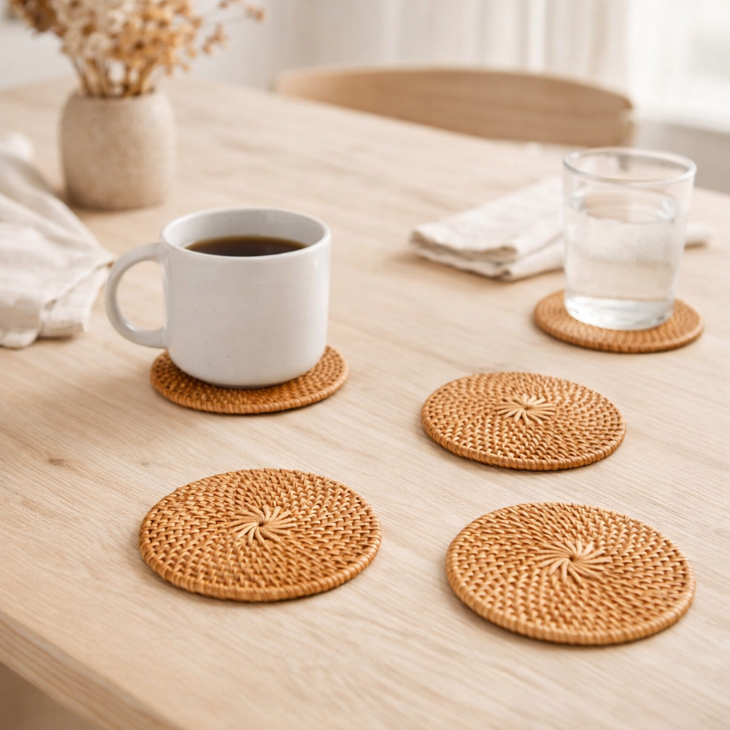 Ensemble de sous-verres ronds en rotin de 4 ou 8 TIBU faits à la main en situation