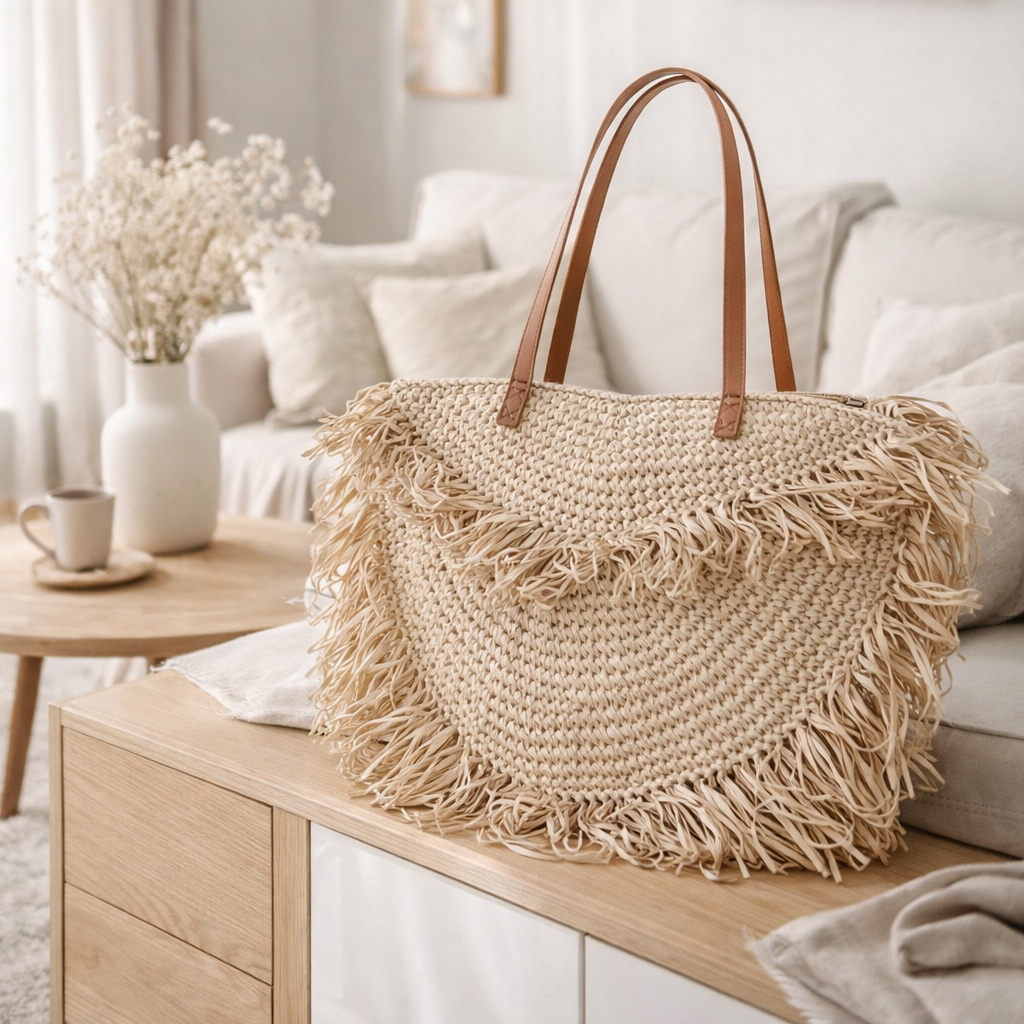 Sac à bandoulière beige avec franges Sac de plage Fourre-tout Sac de courses SUMBAWA en situation