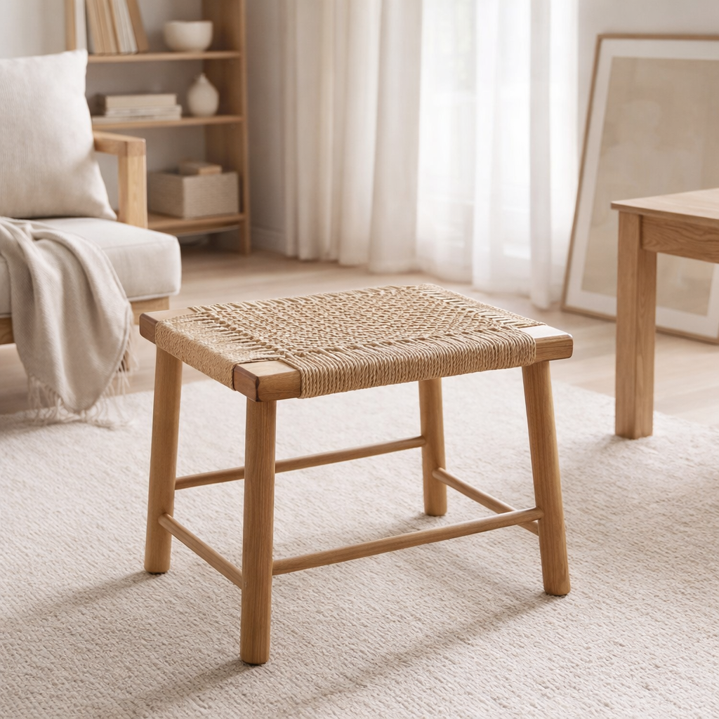 Grand tabouret en bois SUNDA en Trembesi avec une surface d'assise en papier recyclé tissé en situation