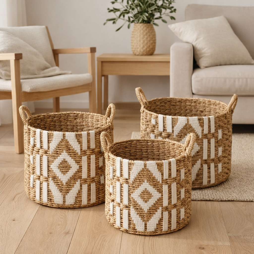 Panier à Linge Panier à Plantes Grand Panier de Rangement Rond NASARI en Fibre de Bananier avec Motif Macramé en Coton en situation