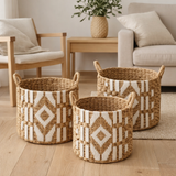 Panier à Linge Panier à Plantes Grand Panier de Rangement Rond NASARI en Fibre de Bananier avec Motif Macramé en Coton en situation