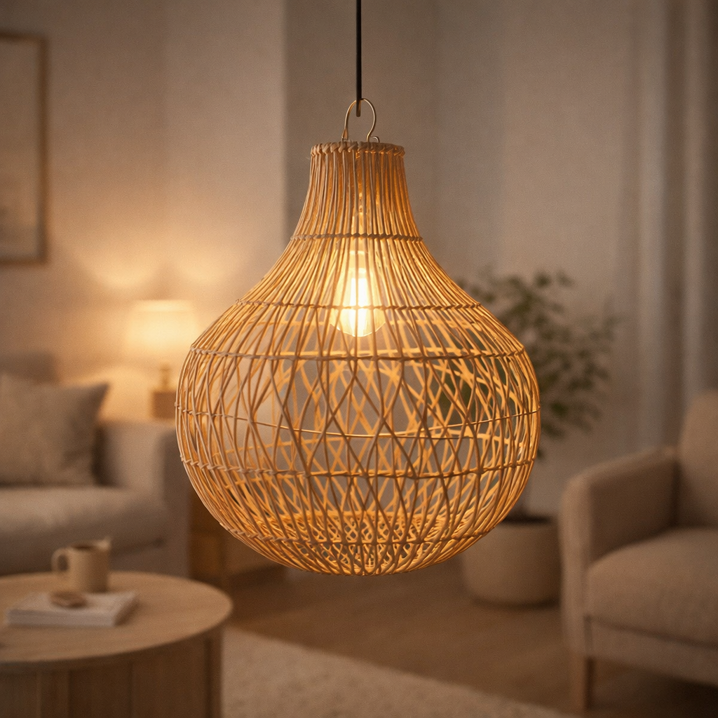 Lampe en rotin | Abat-jour Boho | Lampe à suspension KENARI en situation