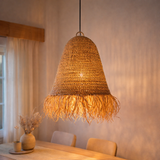 Abat-jour Raphia Boho – Lampe suspendue – Lampe suspendue – Plafonnier tissé à la main avec longues franges (3 tailles Ø 30/40/50 cm) KALIMA en situation
