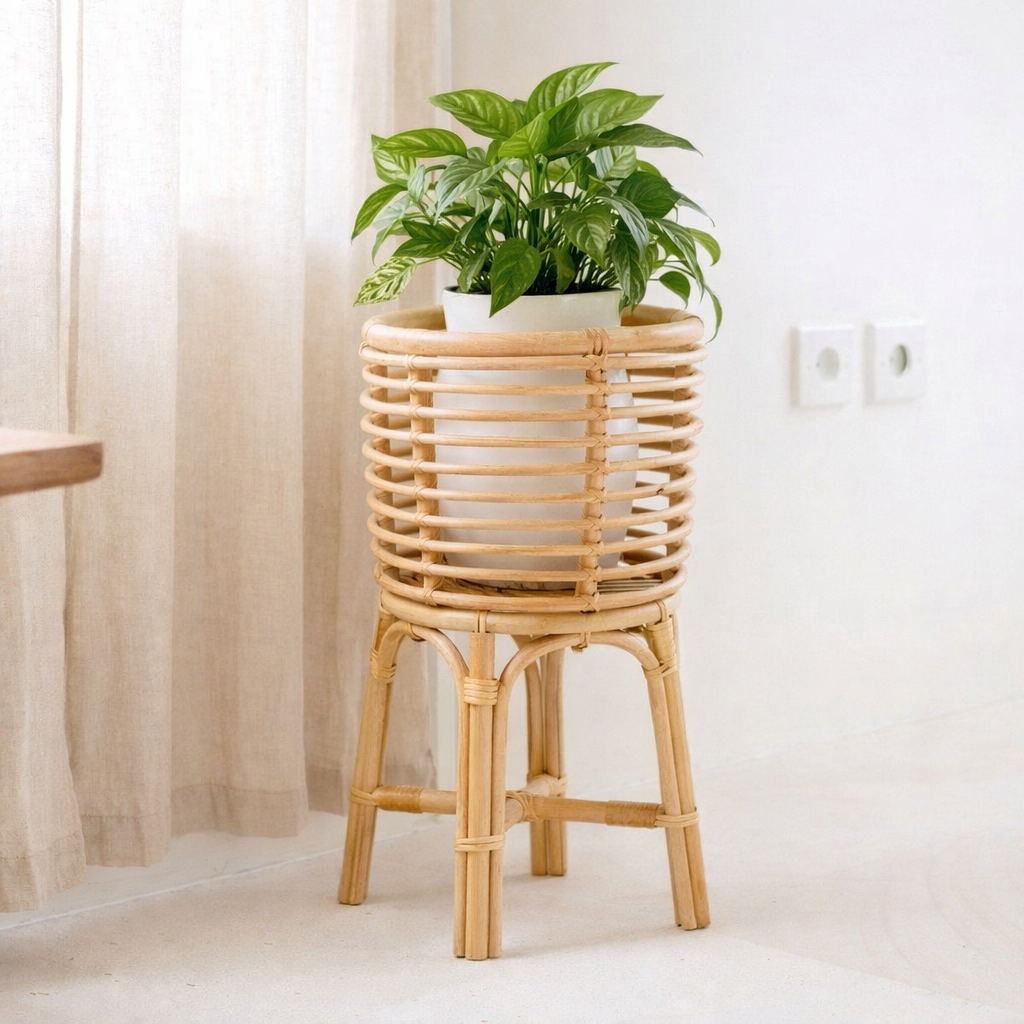 Support pour Plantes en Rotin Rond – Jardinière Boho – Panier à Plantes en Rotin – Support de Fleurs Naturel pour Pots jusqu'à Ø20 cm AKARA en situation