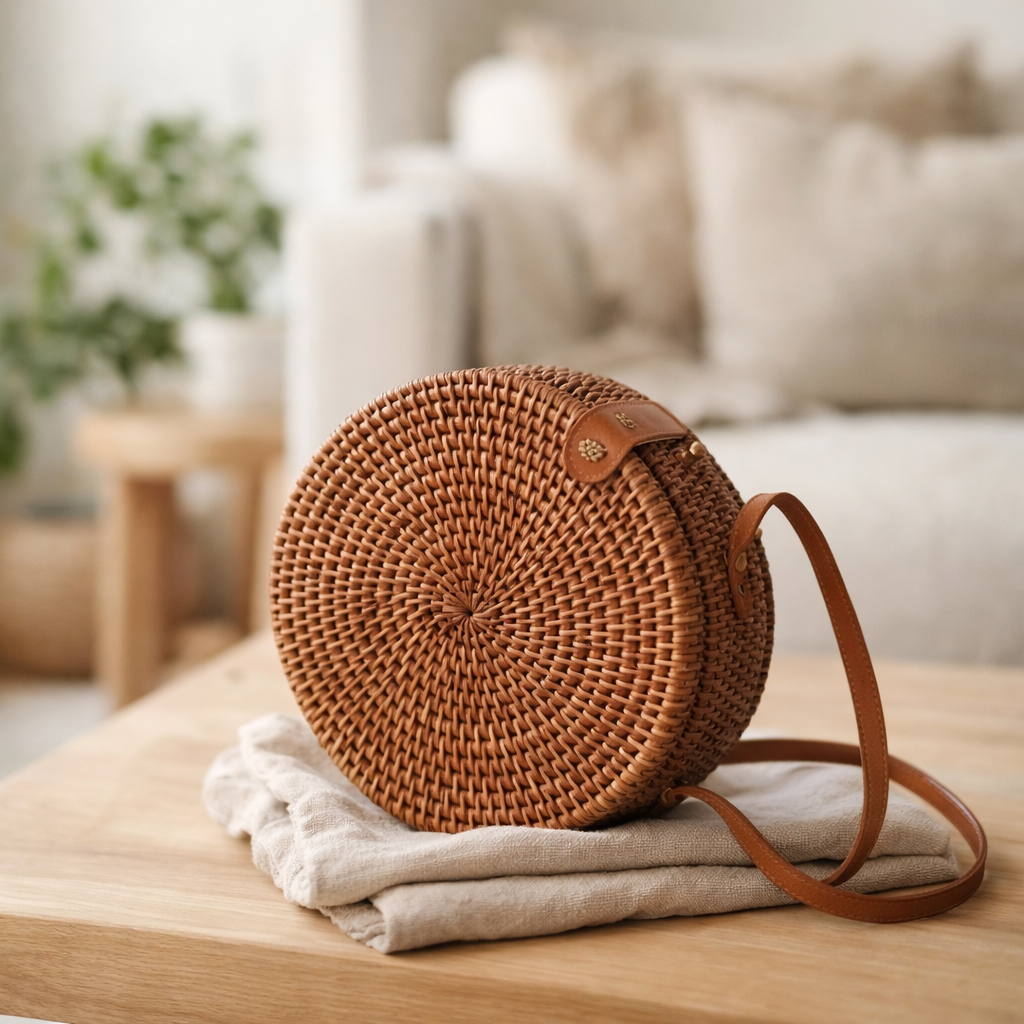 Sac à bandoulière | Sac Bali SENJA (marron) en rotin en situation