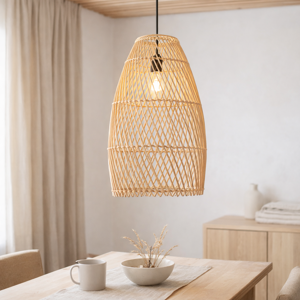 Plafonnier en rotin Abat-jour Boho TABUNG en situation