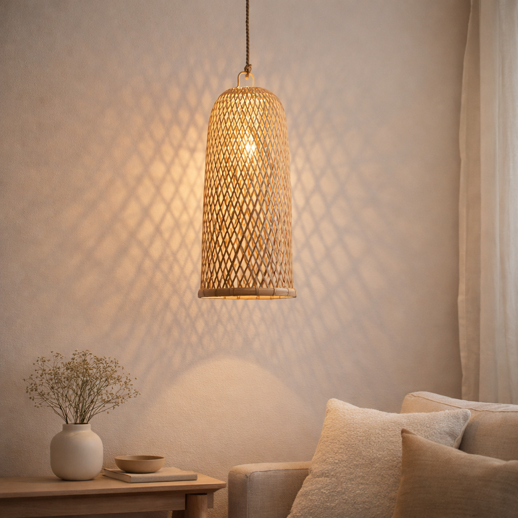 Lampe en bambou | Abat-jour naturel | Plafonnier Tissé CAMAYA en situation