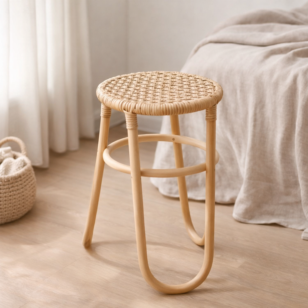 Tabouret en rotin KOLAKA Naturel Ø35 cm avec surface d'assise tressée | Petit tabouret rond à trois pieds en situation