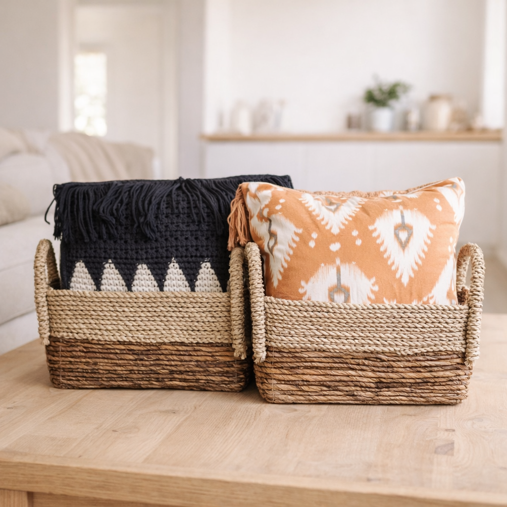 Panier de rangement | Panier décoratif KAPAUKU en fibre de bananier et jonc de mer (2 tailles) en situation