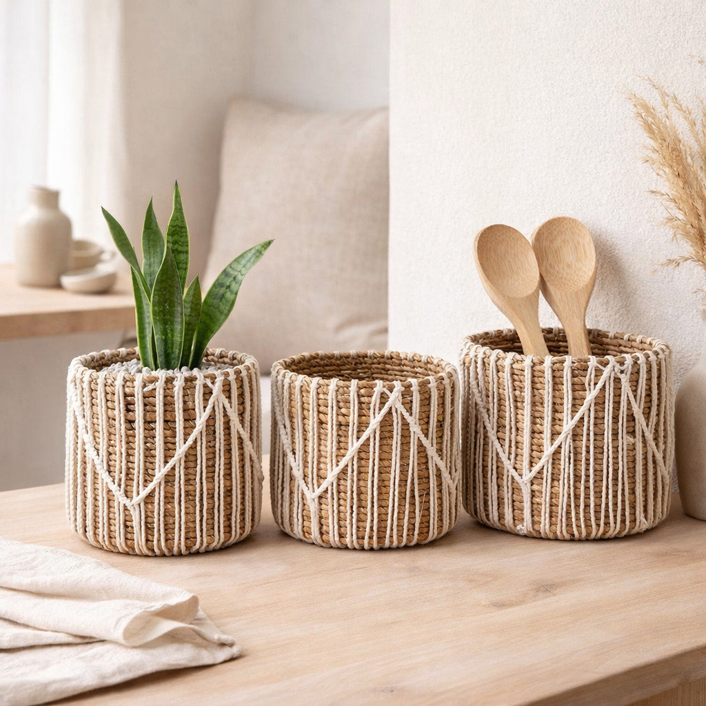 Petit panier en jonc de mer ORIS | Panier de fleurs rond | Panier Boho tissé | Panier de plantes | Planteur | Panier en macramé en situation