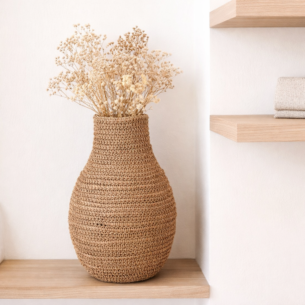 Vase Boho tissé SAKRA en fibre de banane et raphia en situation