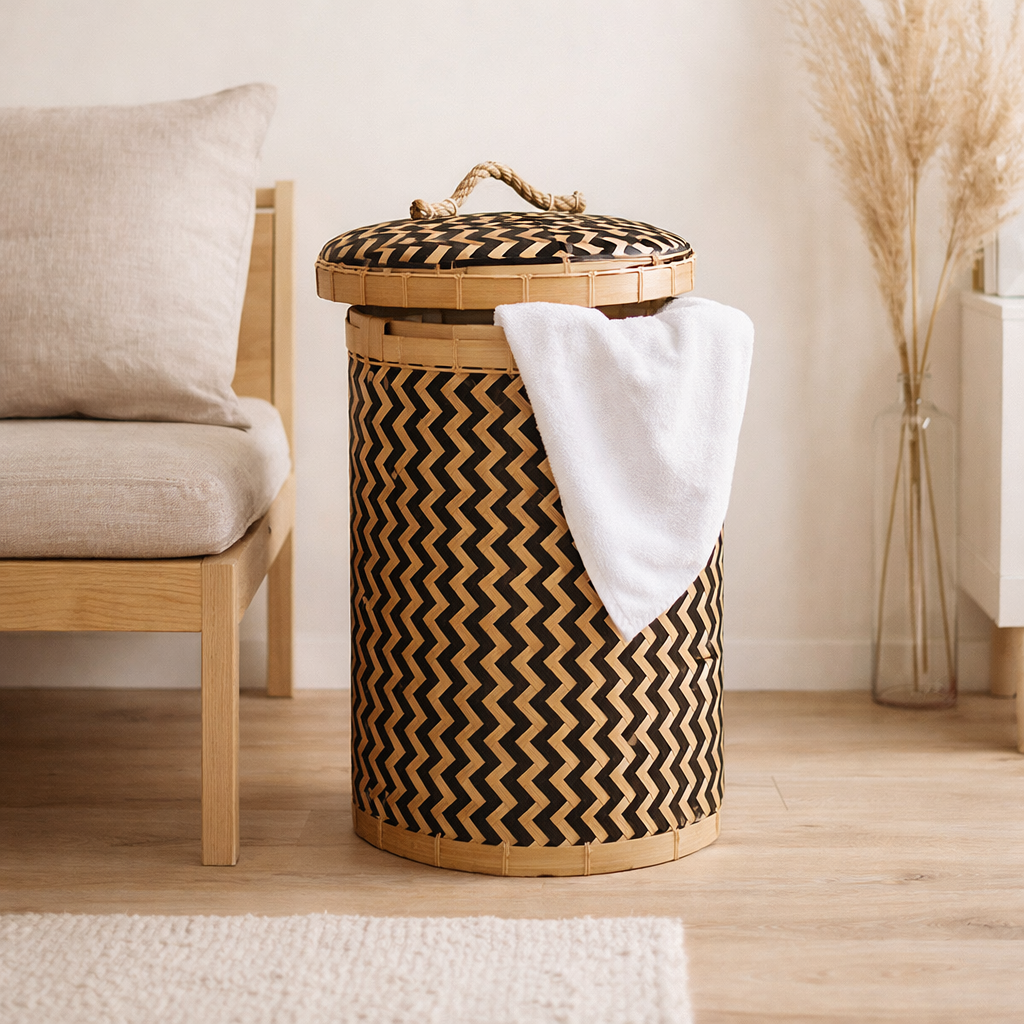 Panier à linge avec couvercle NABIRE en bambou en situation