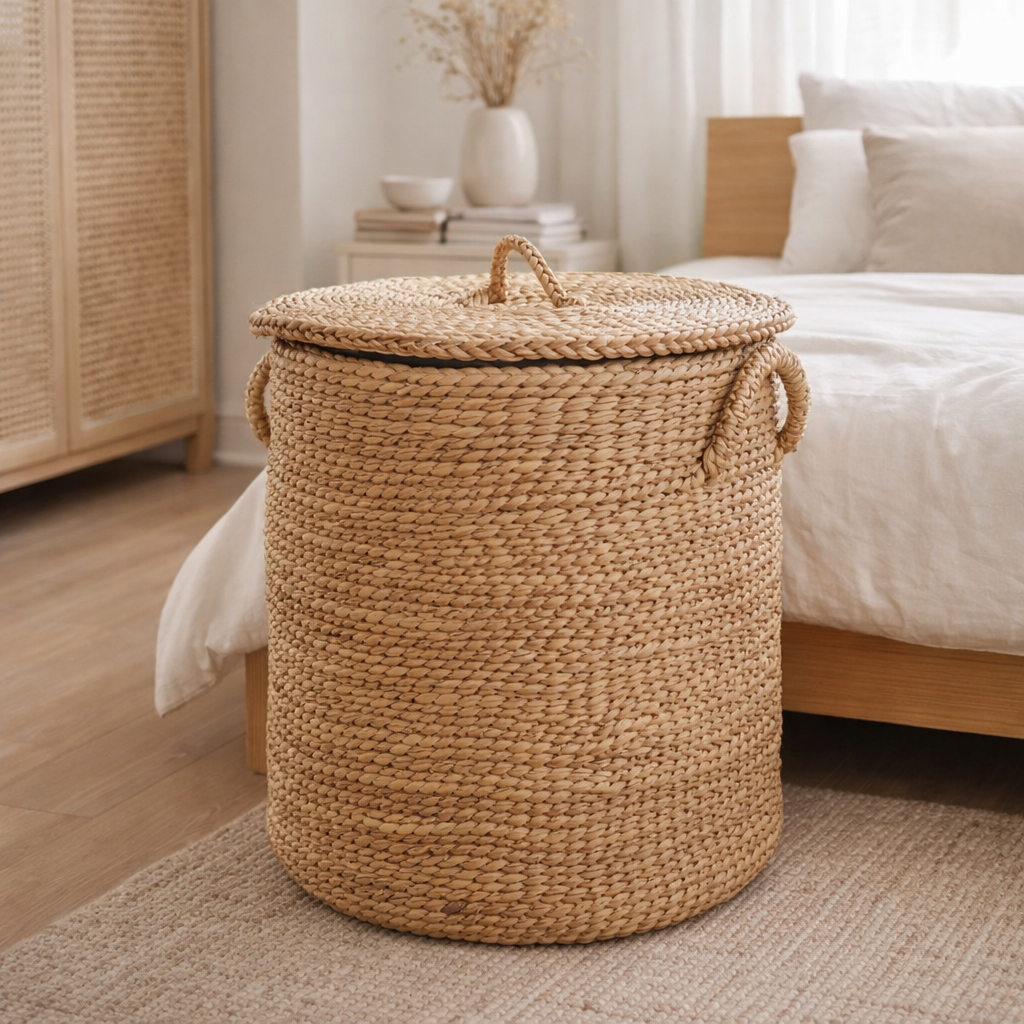 Grand panier à linge avec couvercle Ø54 cm AMAN en Jacinthe d'Eau | Panier de rangement tissé | Panier rond | Grand panier | Panier a linge en situation