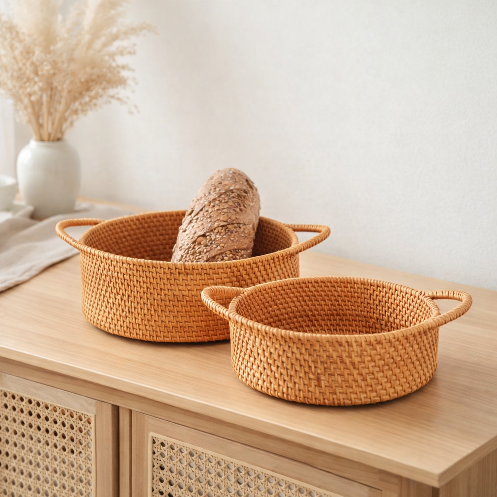 Petit panier de rangement en rotin Panier décoratif SUWARI (2 tailles) idéal comme panier à pain ou bol à fruits en situation