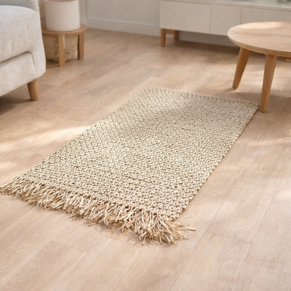 Tapis en jonc de mer à pompons 120x60 cm Tapis bohème tissé en jonc de mer BARA en situation