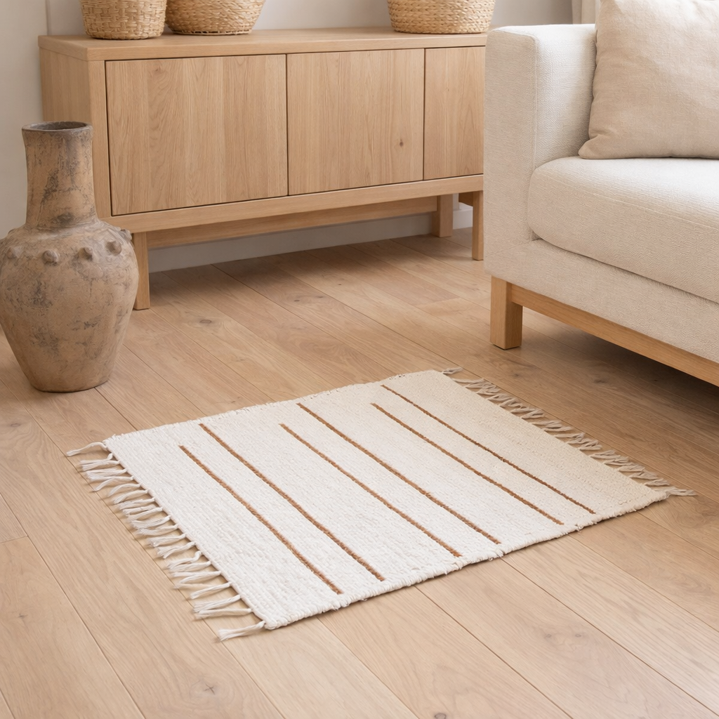 Tapis en coton blanc à rayures marron 64x51 cm Tapis de sol tissé à la main GIANYAR en situation