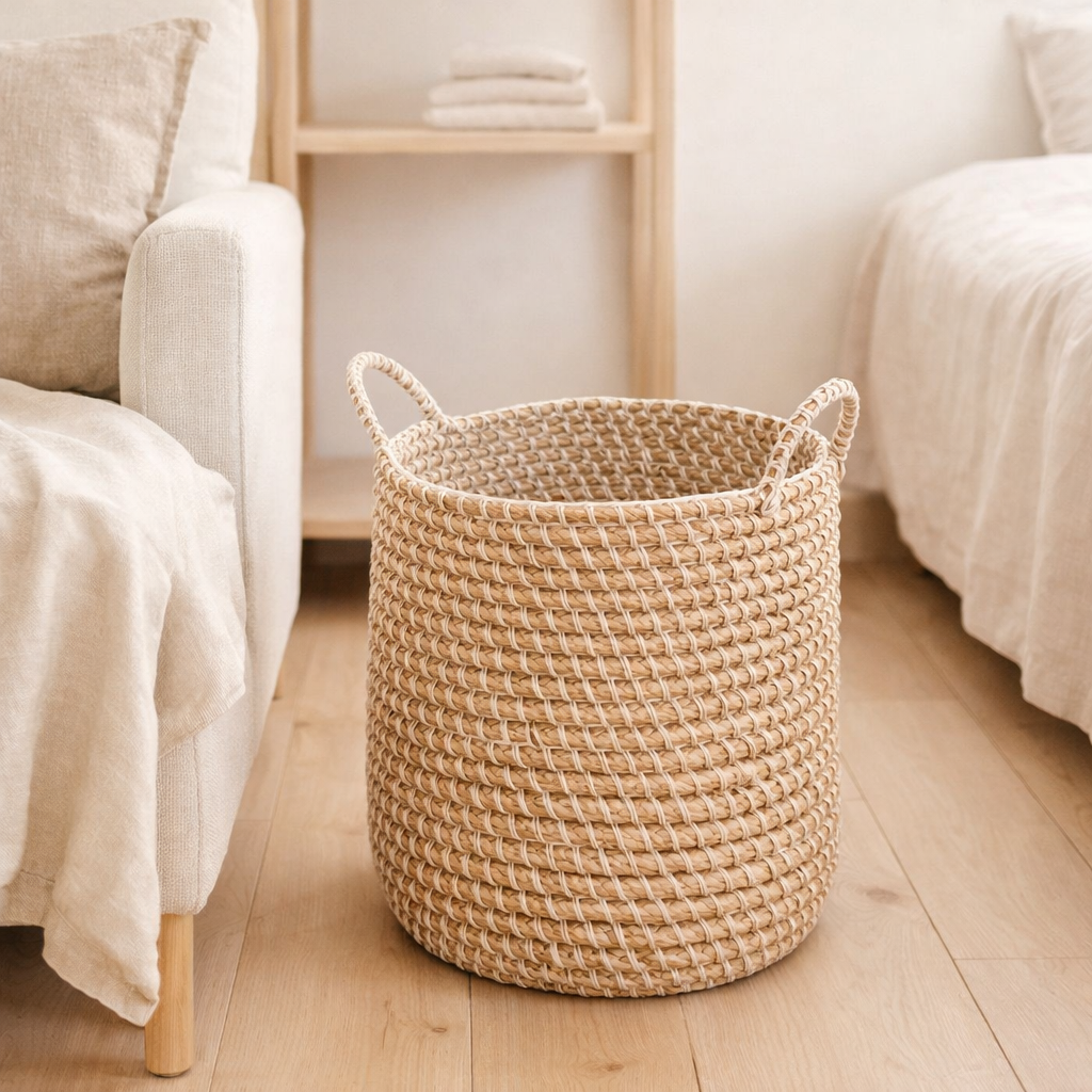 Panier à linge panier de rangement rond GUNUNG en fibre de bananier avec motif macramé en coton en situation