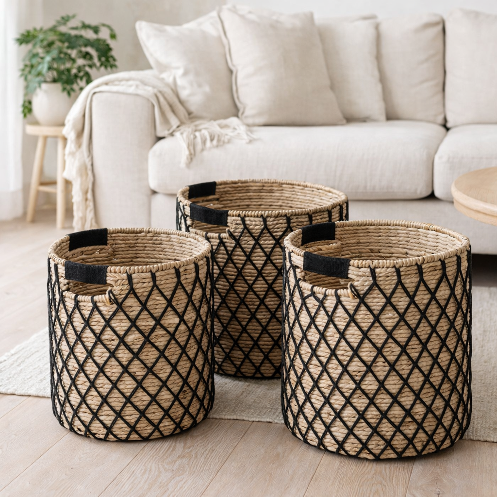 Panier de rangement PURA | Panier de plantes | Panier à linge (noir) en fibre de banane (3 tailles) en situation