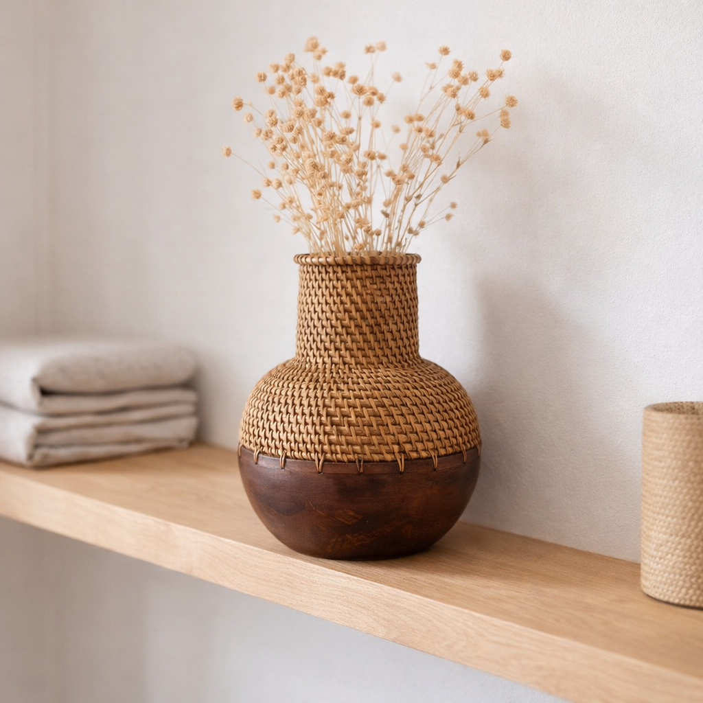Vase en rotin – Vase en bois – Vase pour fleurs séchées – Petit vase en rotin – Vase décoratif bohème en rotin tressé et bois (Ø 22 cm) KAMARI marron en situation