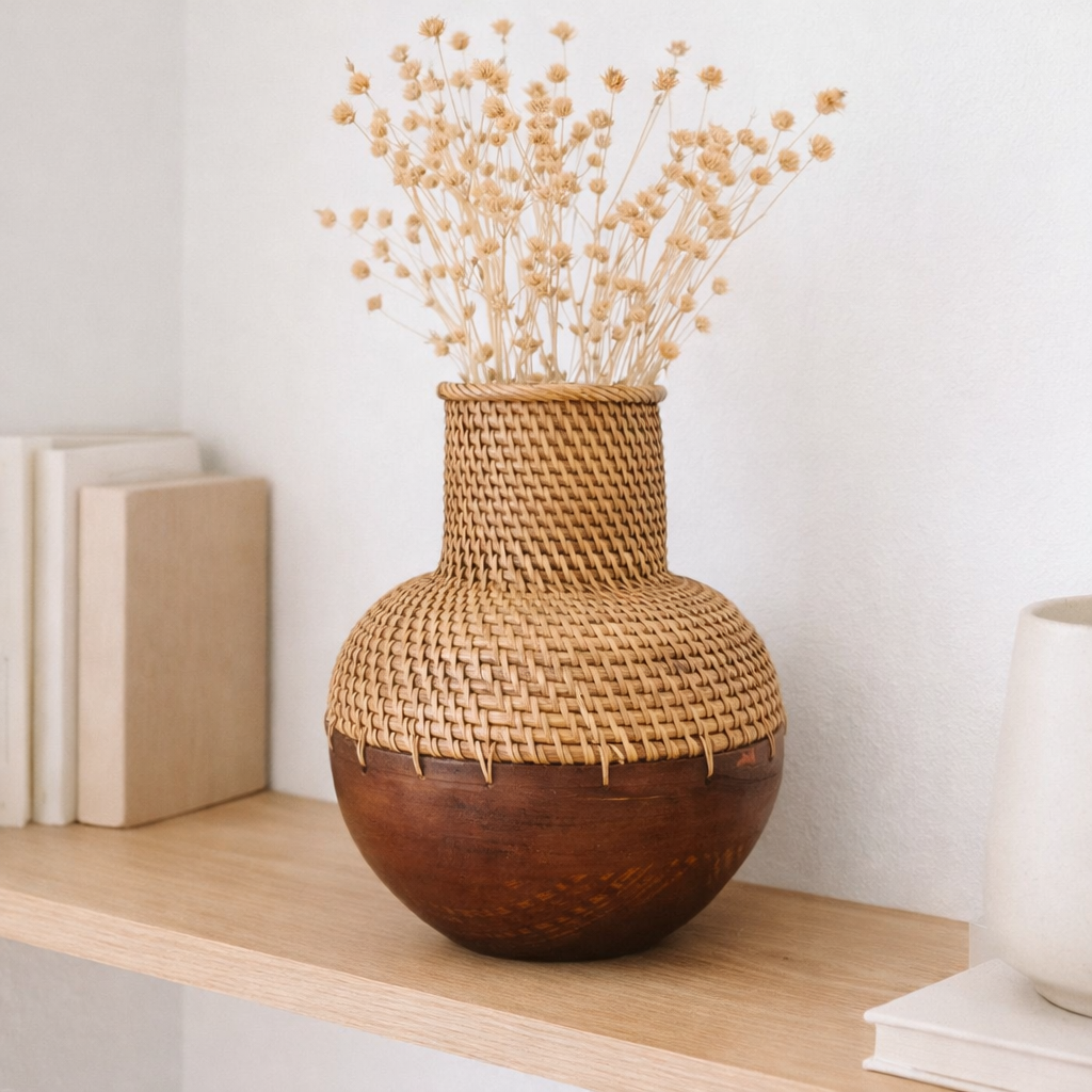 Vase en rotin – Vase en bois – Vase pour fleurs séchées – Petit vase en rotin – Vase décoratif bohème en rotin tressé et bois (Ø 22 cm) KAMARI marron en situation