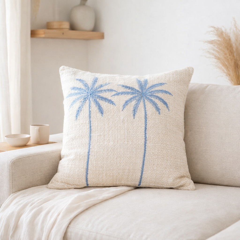 Housse de coussin en coton motif palmier – Coussin brodé bohème – Oreiller décoratif – Housse de coussin brodée 40x40 ou 50x50 cm ANRKA en situation