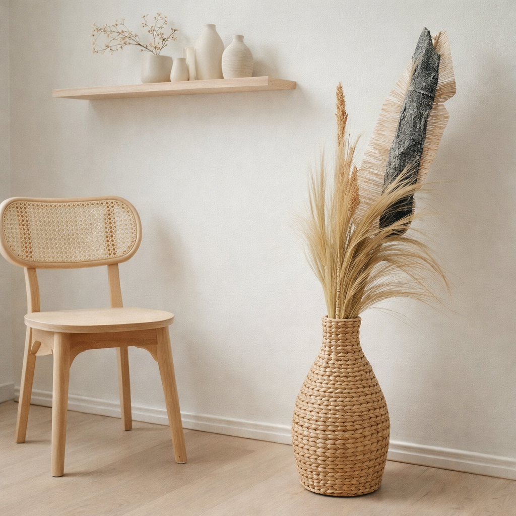 Vase Boho tressé DAYANA naturel en Jacinthe d'Eau en situation