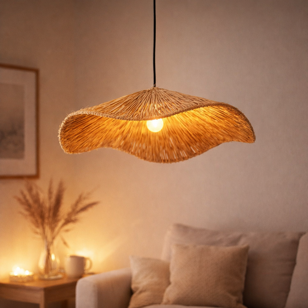 Abat-jour Boho – Grand plafonnier en raphia – Lampe suspendue naturelle – Plafonnier fait main en raphia TAMPAH (Ø 53 cm) en situation