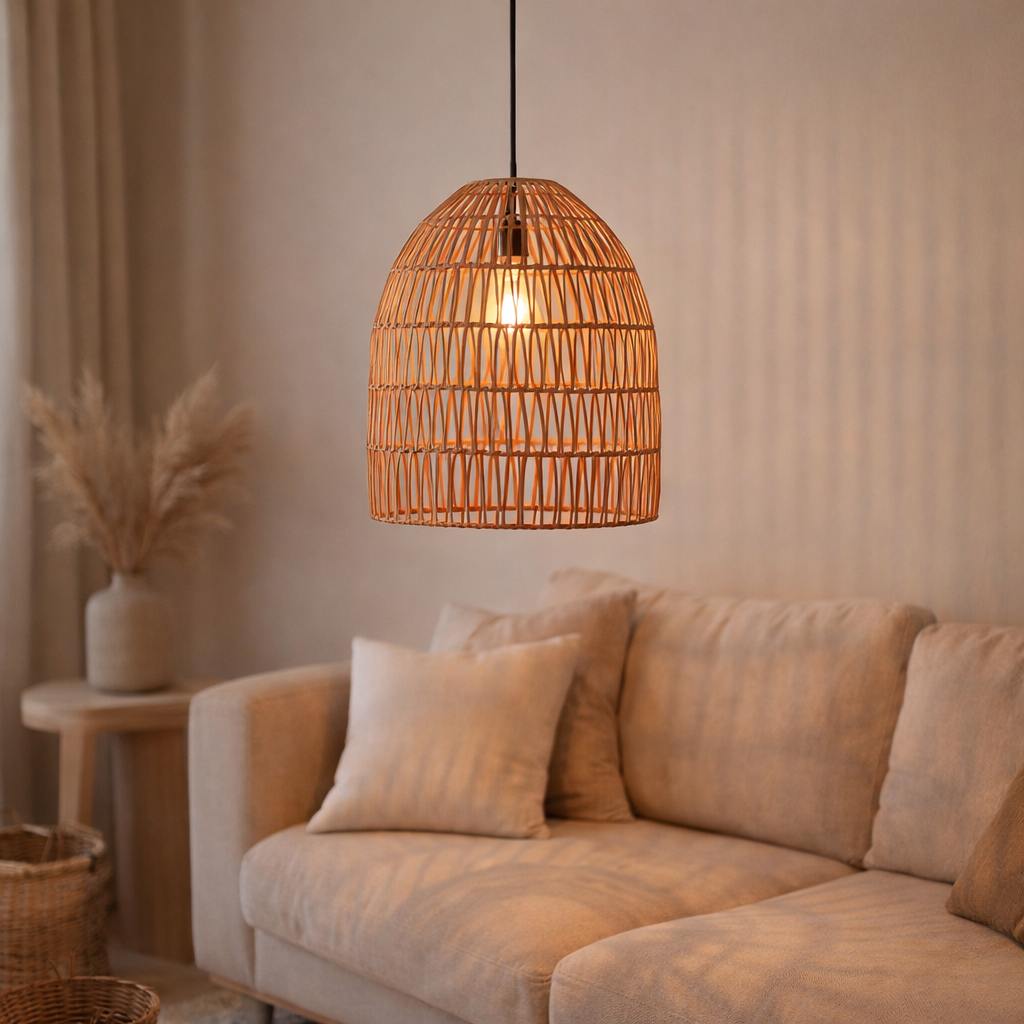Lampe en rotin | Abat-jour naturel | Suspension MALUKA en Fibres Naturelles (2 tailles) en situation