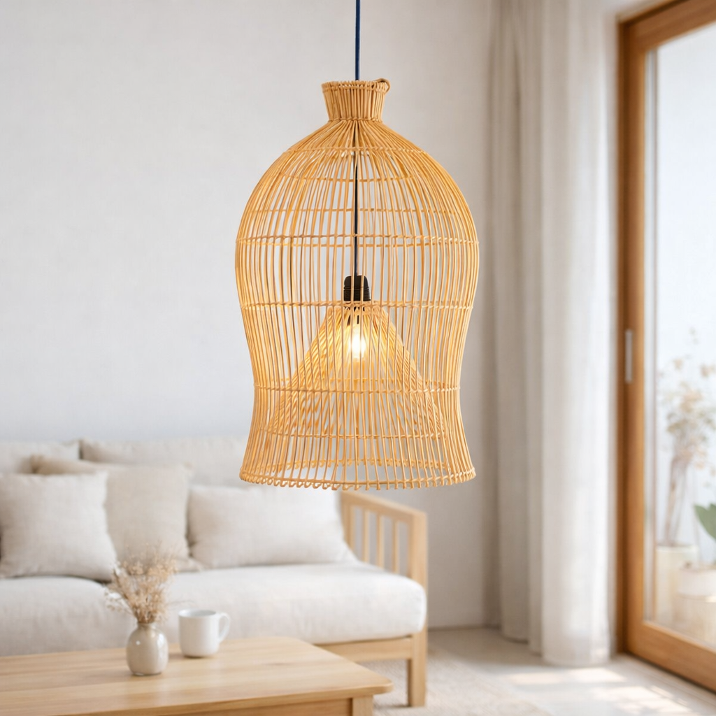 Abat-jour en rotin – Suspension Boho – Plafonnier Suspendu – Plafonnier Boho MAHARA (Ø35 cm) en situation