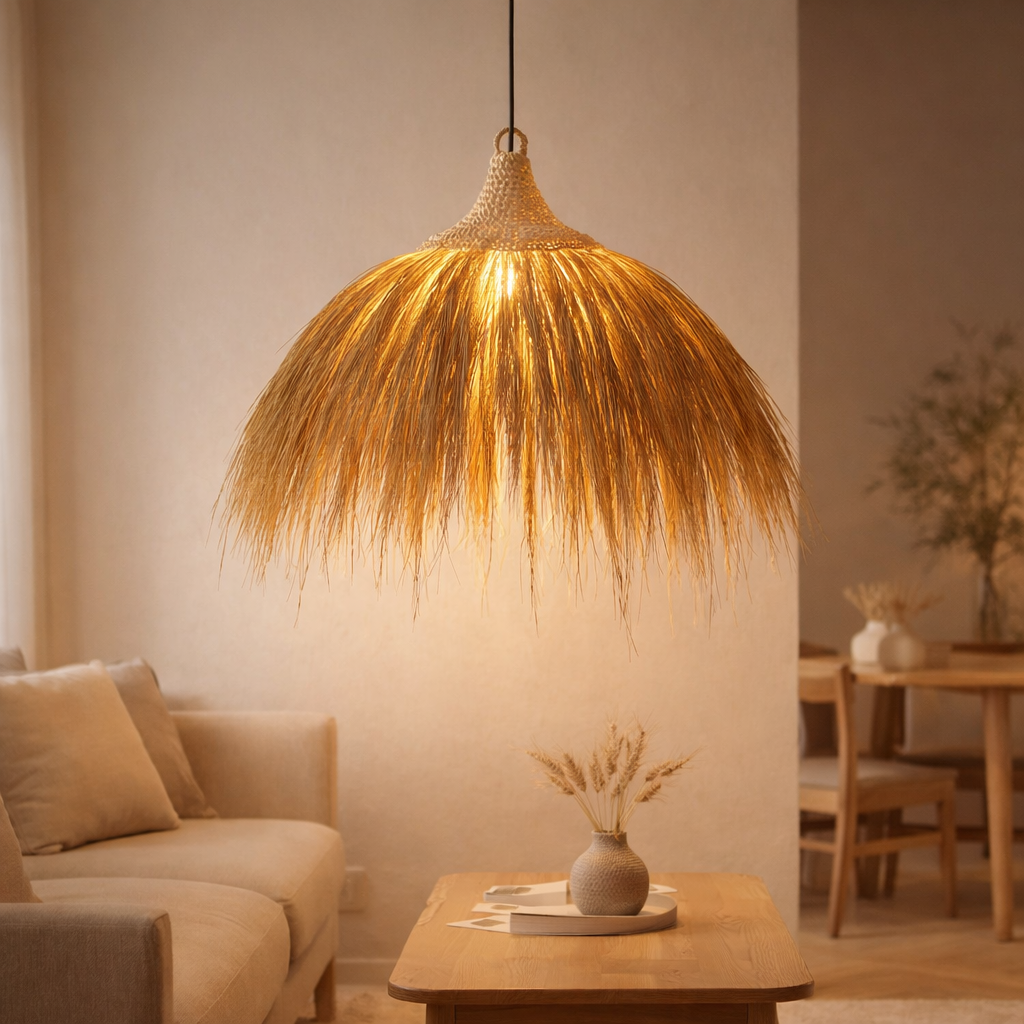 Grand abat-jour en jonc de mer – Suspension naturelle avec franges – Suspension Boho – Lampe suspendue tropicale faite à la main MAWANA (Ø 53 cm) en situation