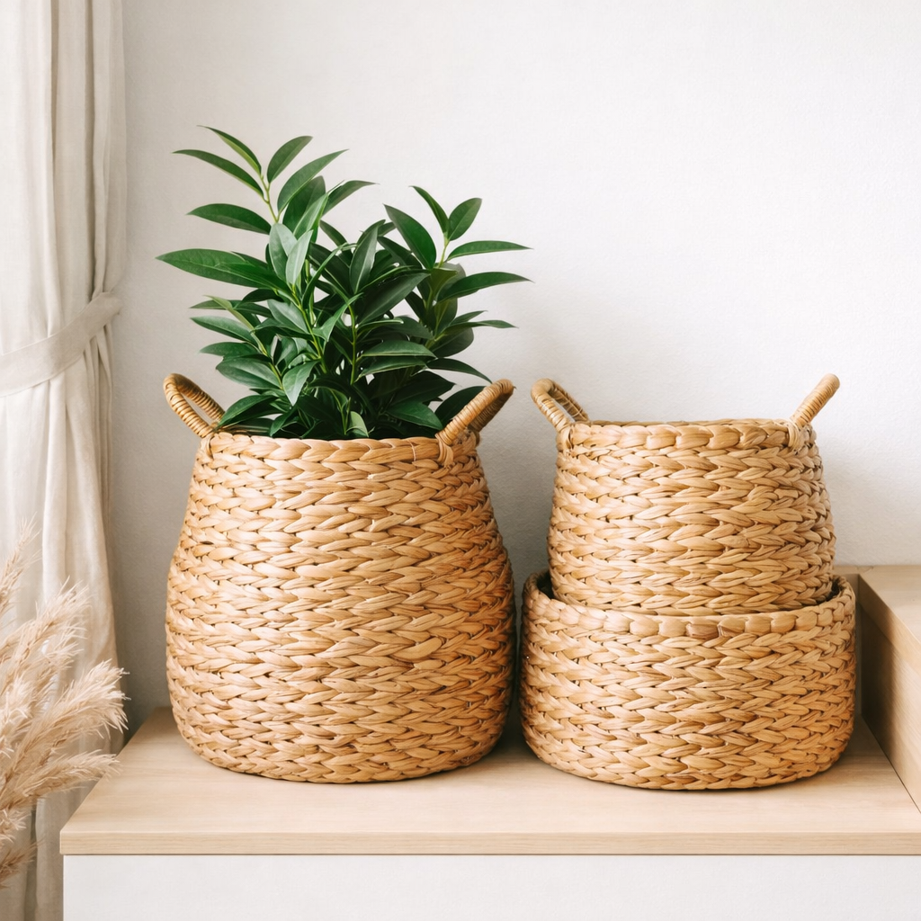 Panier à linge tissé rond - Hamper boho bulbeux - panier de plantes naturelles - Grande de stockage de jacinthe à grande eau (2 tailles) Citra en situation