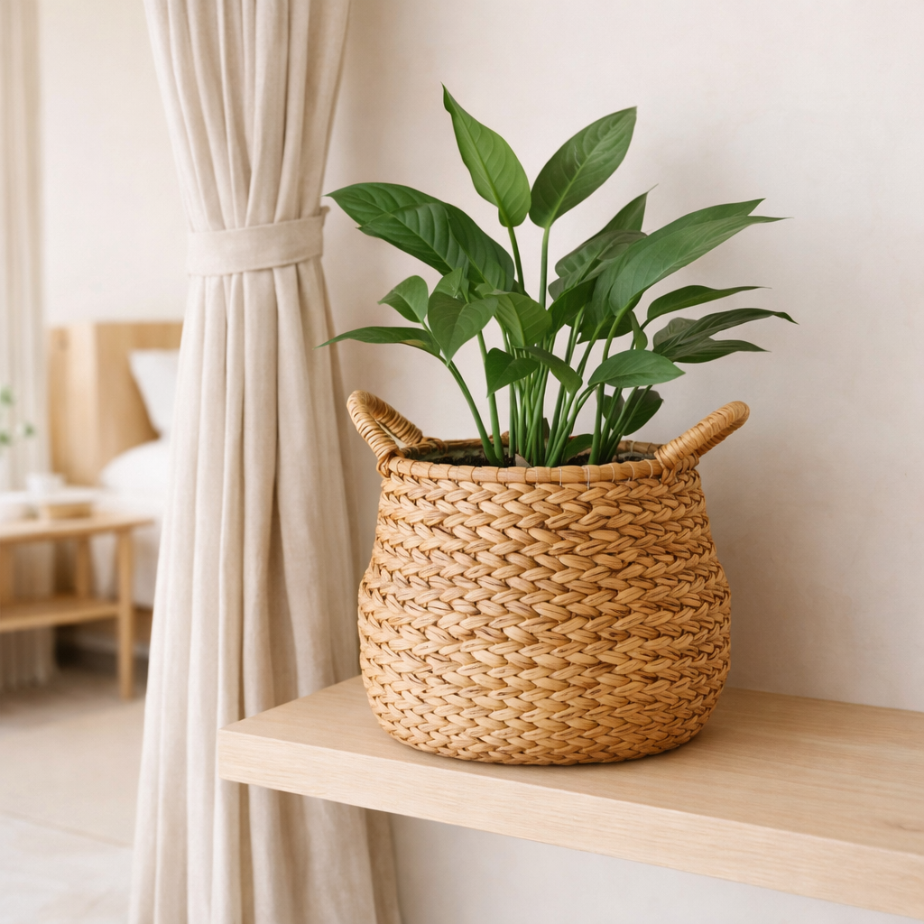 Panier à linge tissé rond - Hamper boho bulbeux - panier de plantes naturelles - Grande de stockage de jacinthe à grande eau (2 tailles) Citra en situation