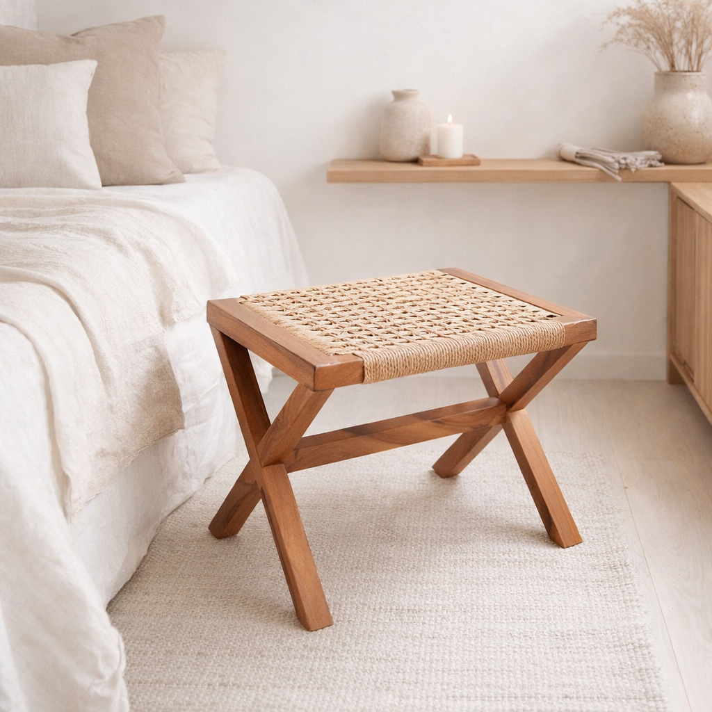 Grand tabouret en bois INDRA (beige) en Trembesi avec une surface d'assise en papier recyclé tissé en situation