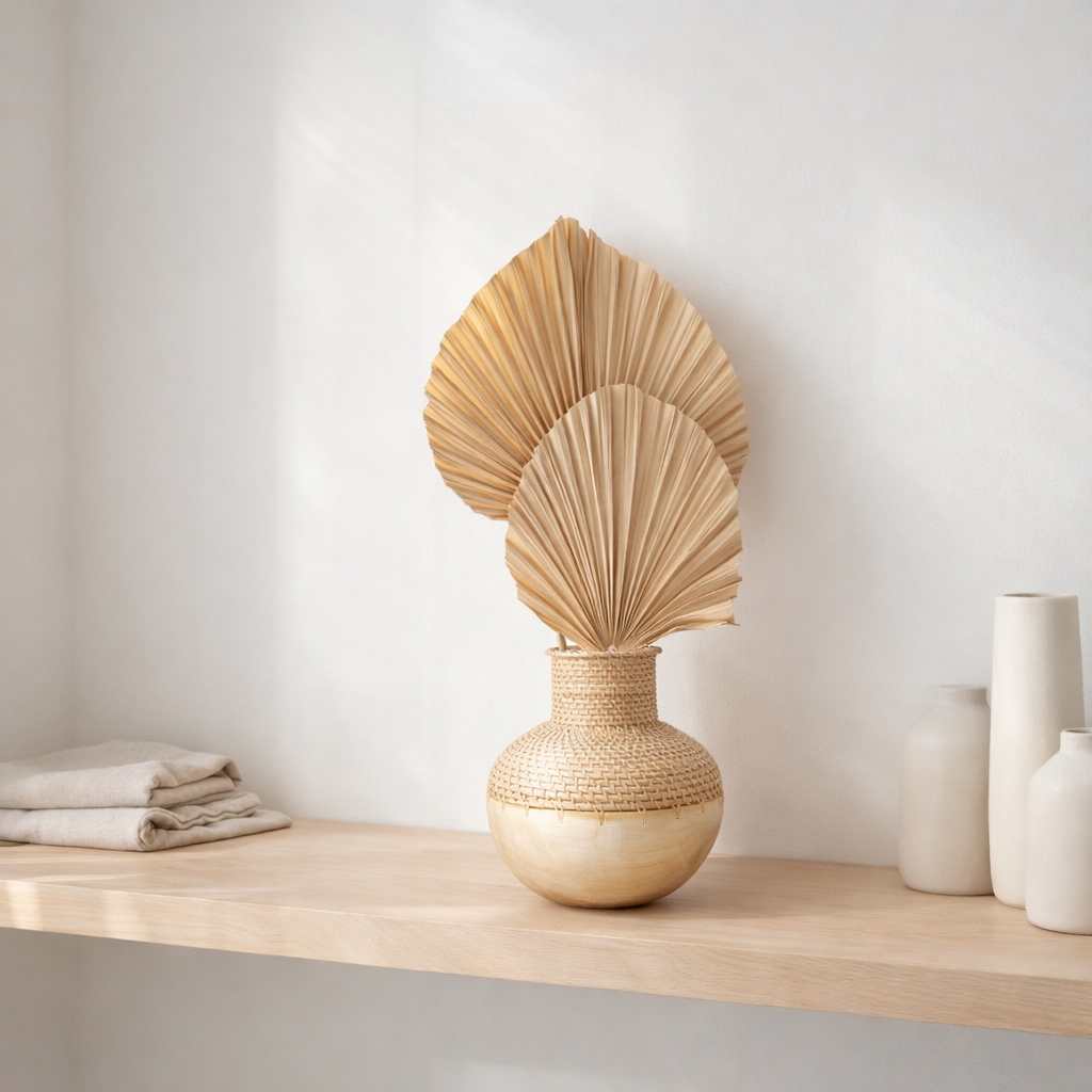 Vase Boho tissé KAMARI en rotin et bois en situation