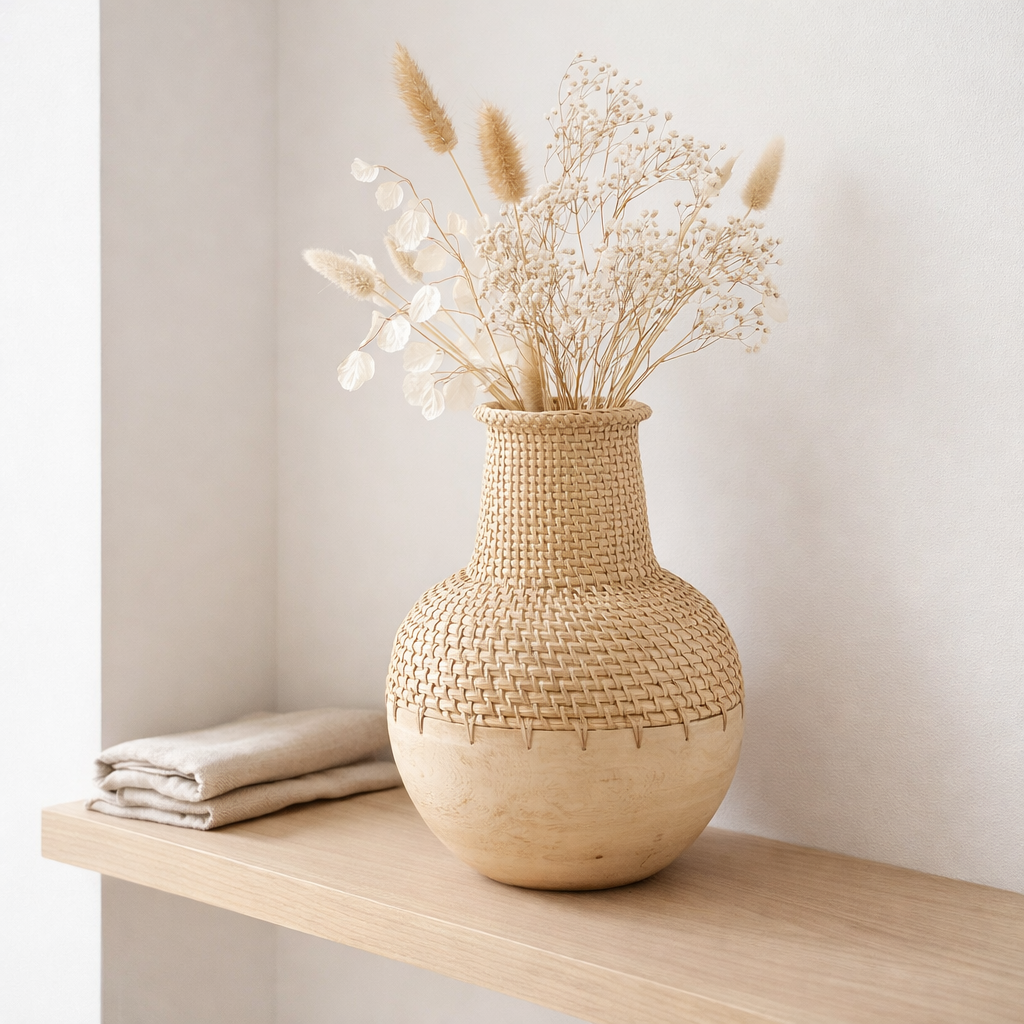 Vase Boho tissé KAMARI en rotin et bois en situation