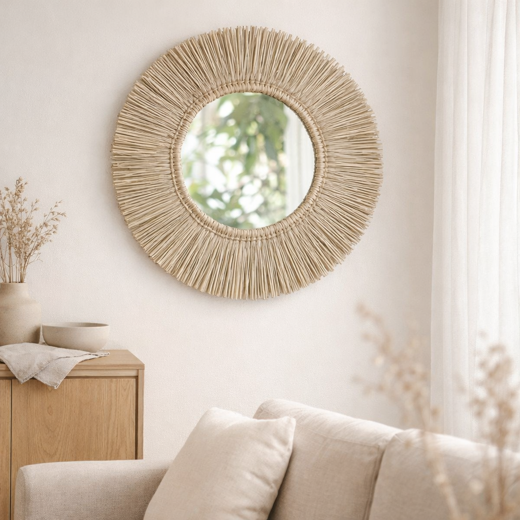 Miroir mural rond en jonc de mer de 60 cm de diamètre RIMBA en situation