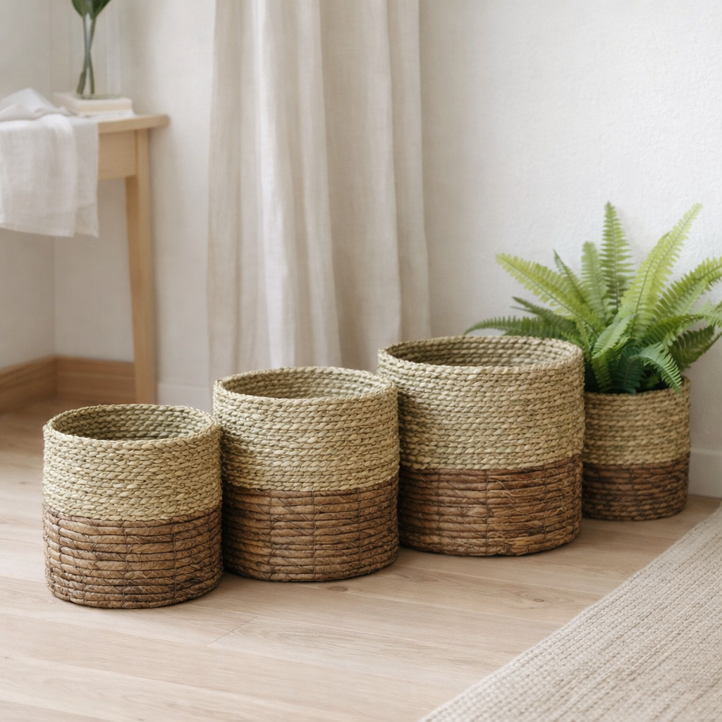 Petit panier en jonc de mer BHINNEKA (bicolore) | Panier de plantes | Petit panier de rangement | Panier Boho tissé | Planteur | Panier décoratif | Panier de fleurs rond en situation