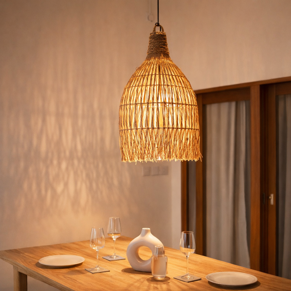 Plafonnier en jonc de mer – Lampe suspendue avec abat-jour Boho – Lampe suspendue naturelle – Grand abat-jour en jonc de mer en forme d'entonnoir LAMPUNG (Ø 40 cm) en situation