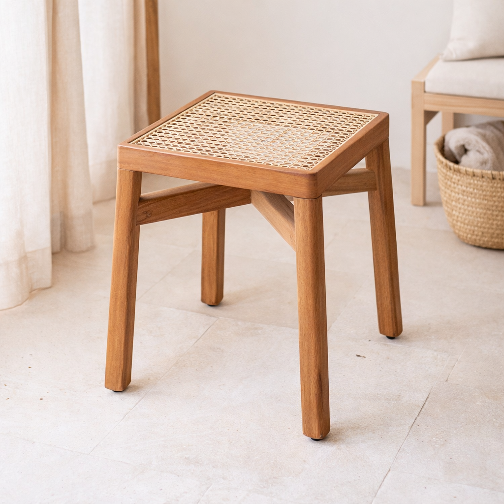 Tabouret en bois – Tabouret rectangulaire solide – Tabouret carré fait à la main en bois d'arbre à pluie avec surface d'assise en rotin tressé SUBANG en situation