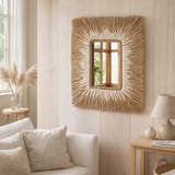 Miroir mural des herbiers marins - Miroir de suspension boho rectangulaire - Miroir mural marginal avec motif de coton blanc 60x50 cm kirana en situation